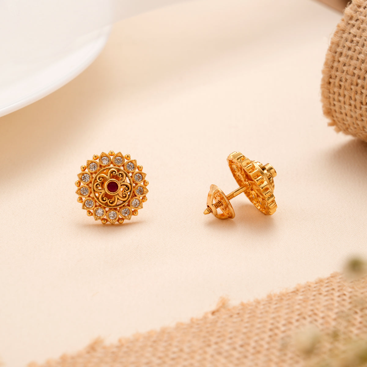 Ethnic Floral Golden Circular Stud