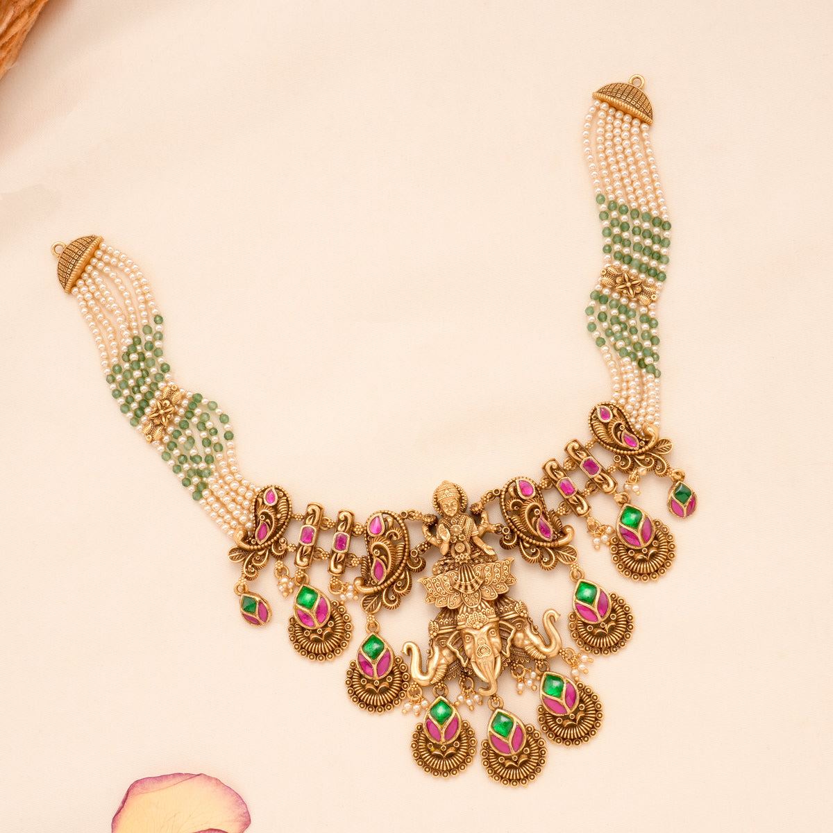 Gaja Lakshmi Golden Green White Beaded Necklace Set