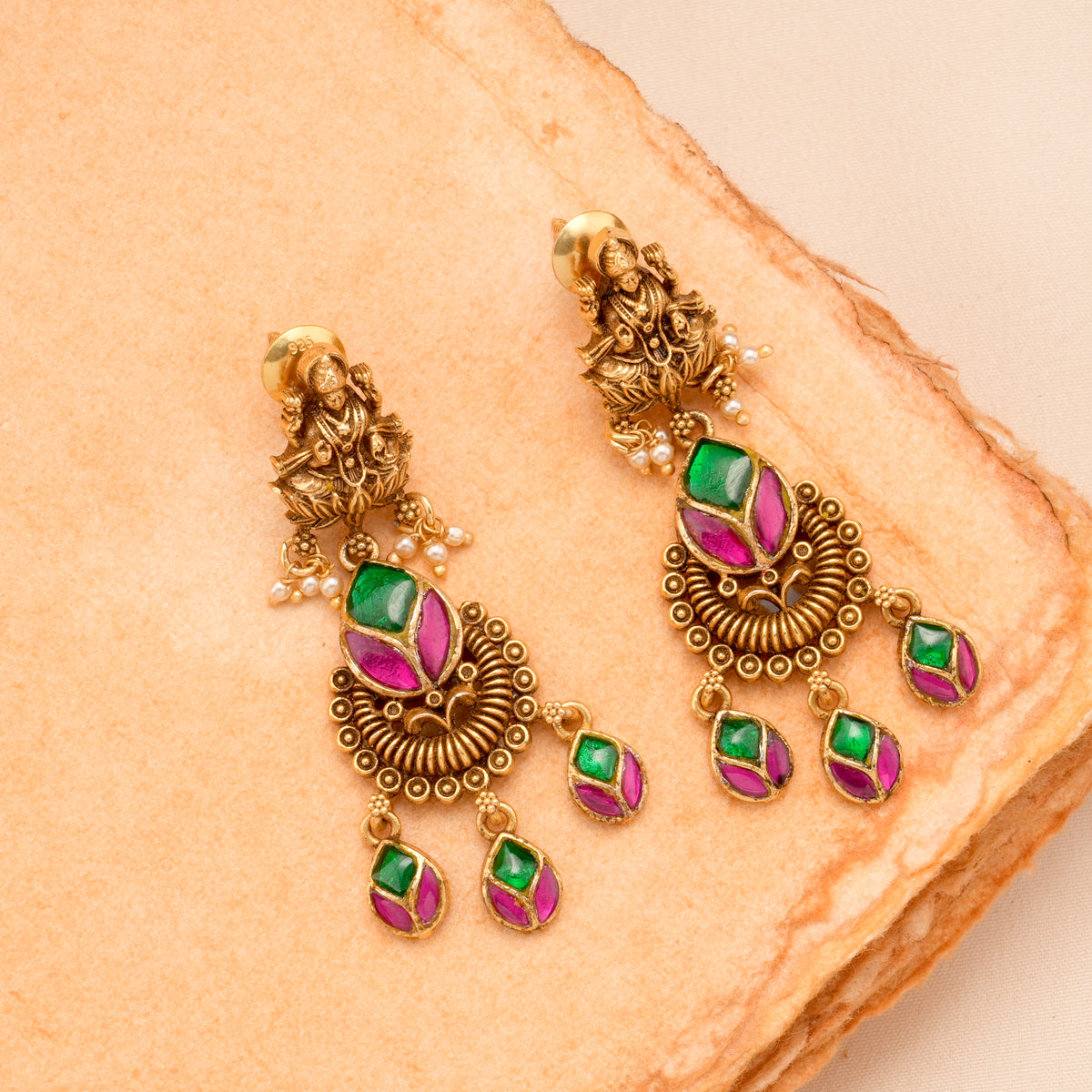 Gaja Lakshmi Golden Green White Beaded Necklace Set
