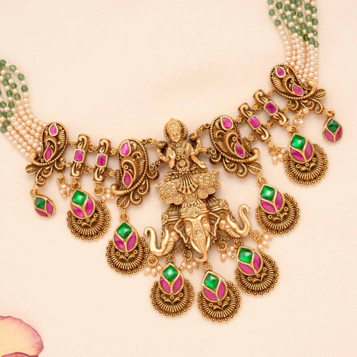 Gaja Lakshmi Golden Green White Beaded Necklace Set