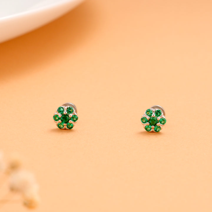 Vibrant Green Stone with Flower Pattern Silver Stud