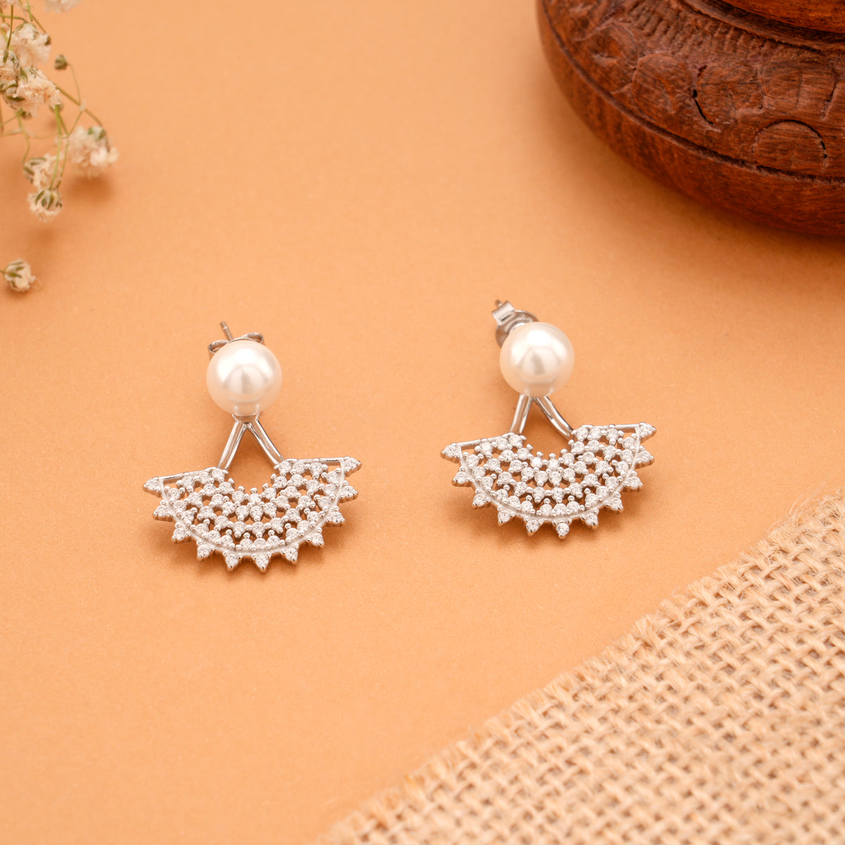 White Pearl Ear Jacket Silver Earrings