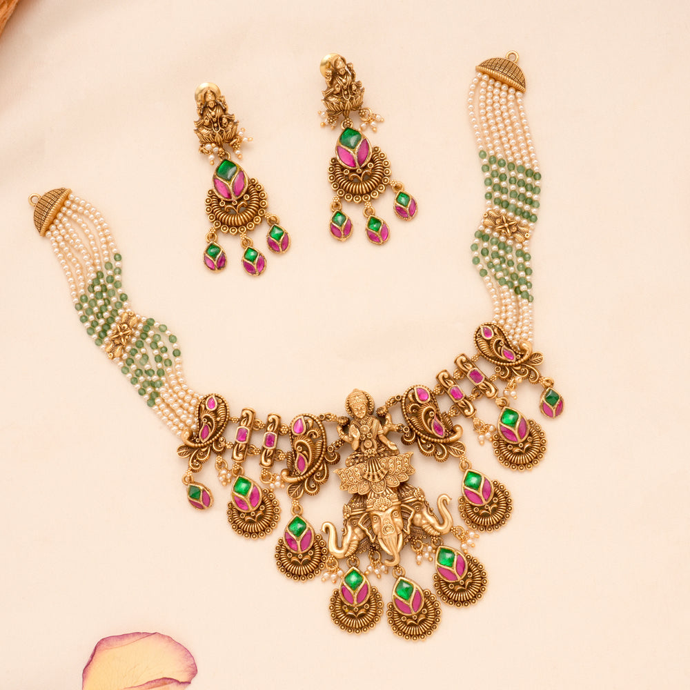 Gaja Lakshmi Golden Green White Beaded Necklace Set