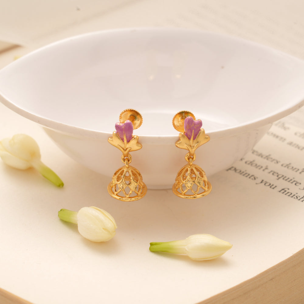 Delicate Bell Shaped Purple Heart Golden Jhumkas