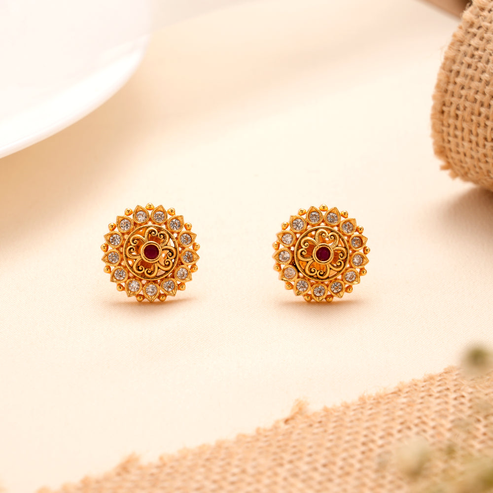 Ethnic Floral Golden Circular Stud