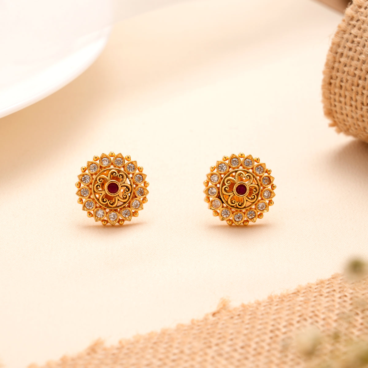 Ethnic Floral Golden Circular Stud