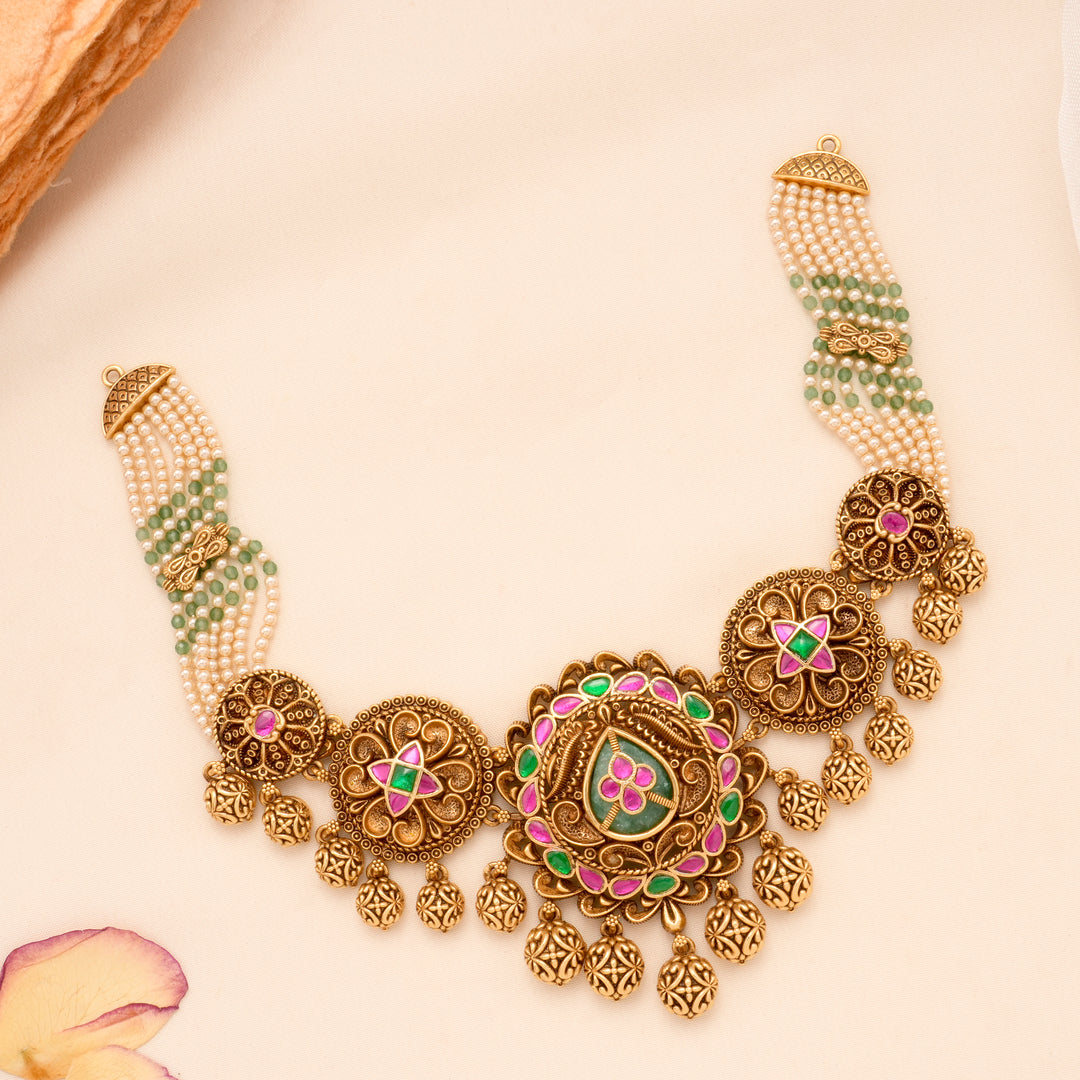 Golden Kemp Stone Pearl Cluster Bridal Necklace Set