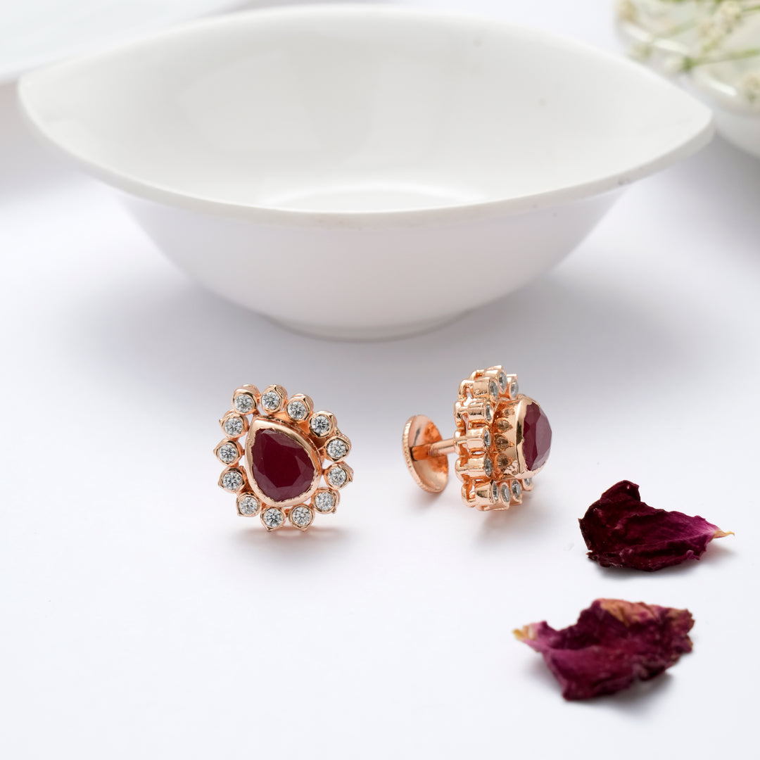 Oval Ruby White Stone Rose Gold Stud