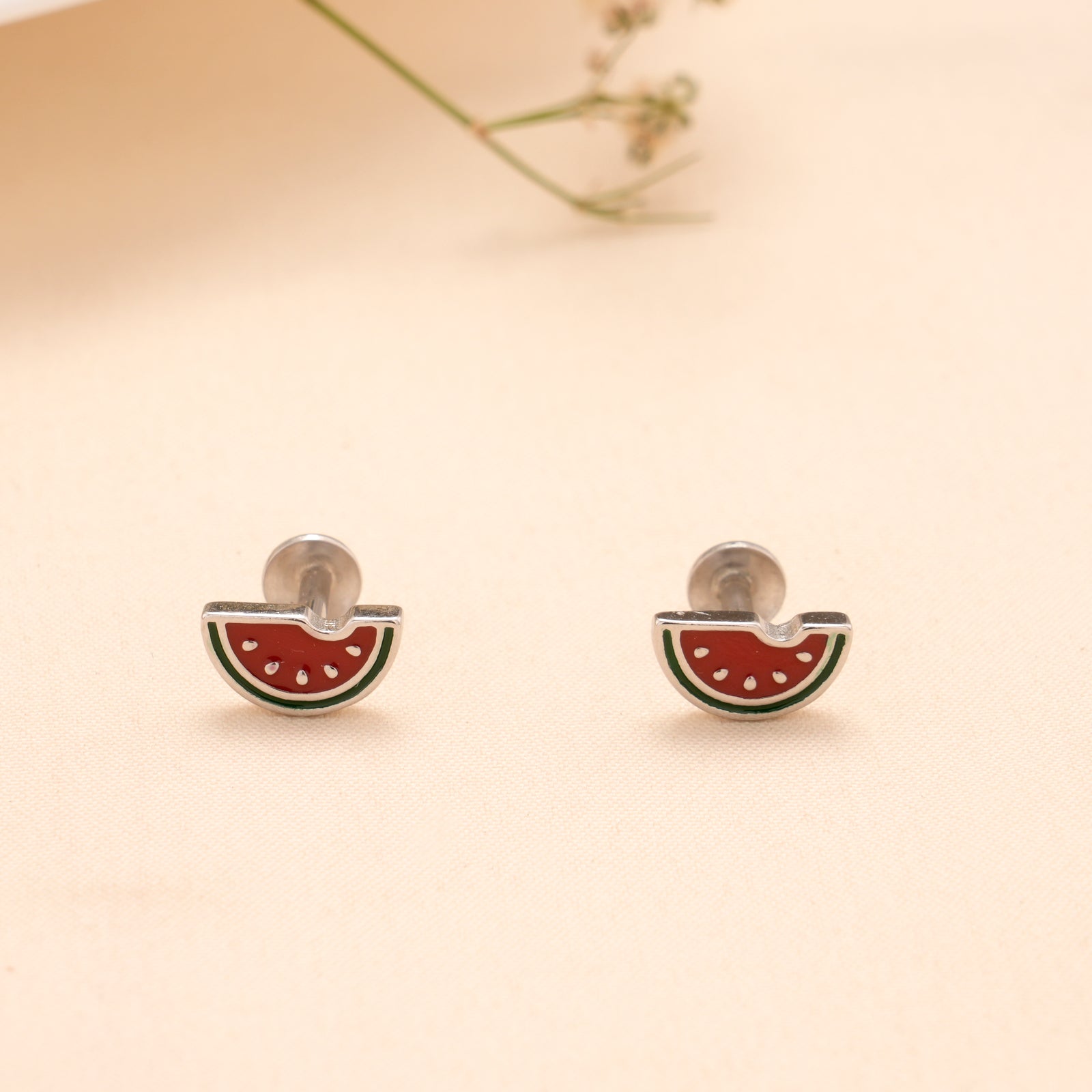Silver Red Watermelon Slice Stud