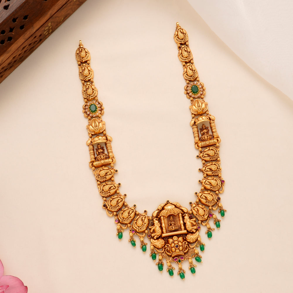 Temple Style Lakshmi Green Bead Drop Haram