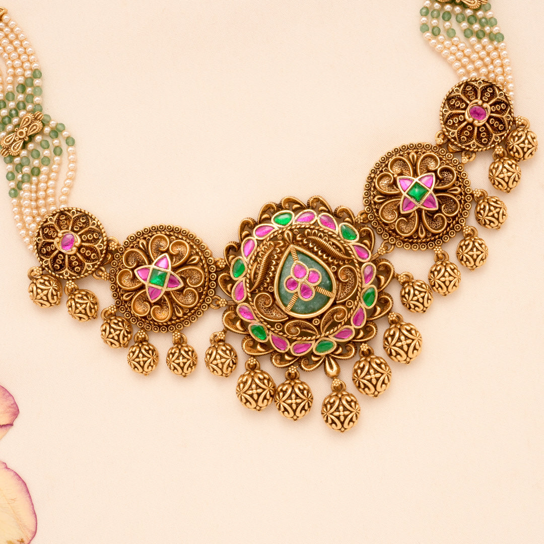 Golden Kemp Stone Pearl Cluster Bridal Necklace Set