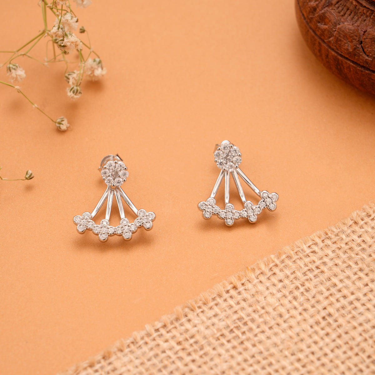 Minimal Floral Drop Jacket Silver Earrings