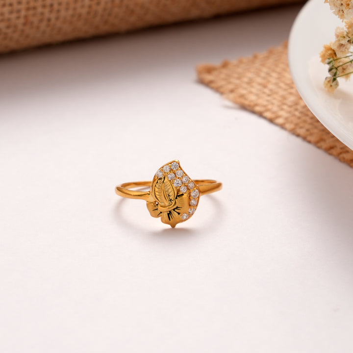 Artistic Leaf White Stone Golden Ring