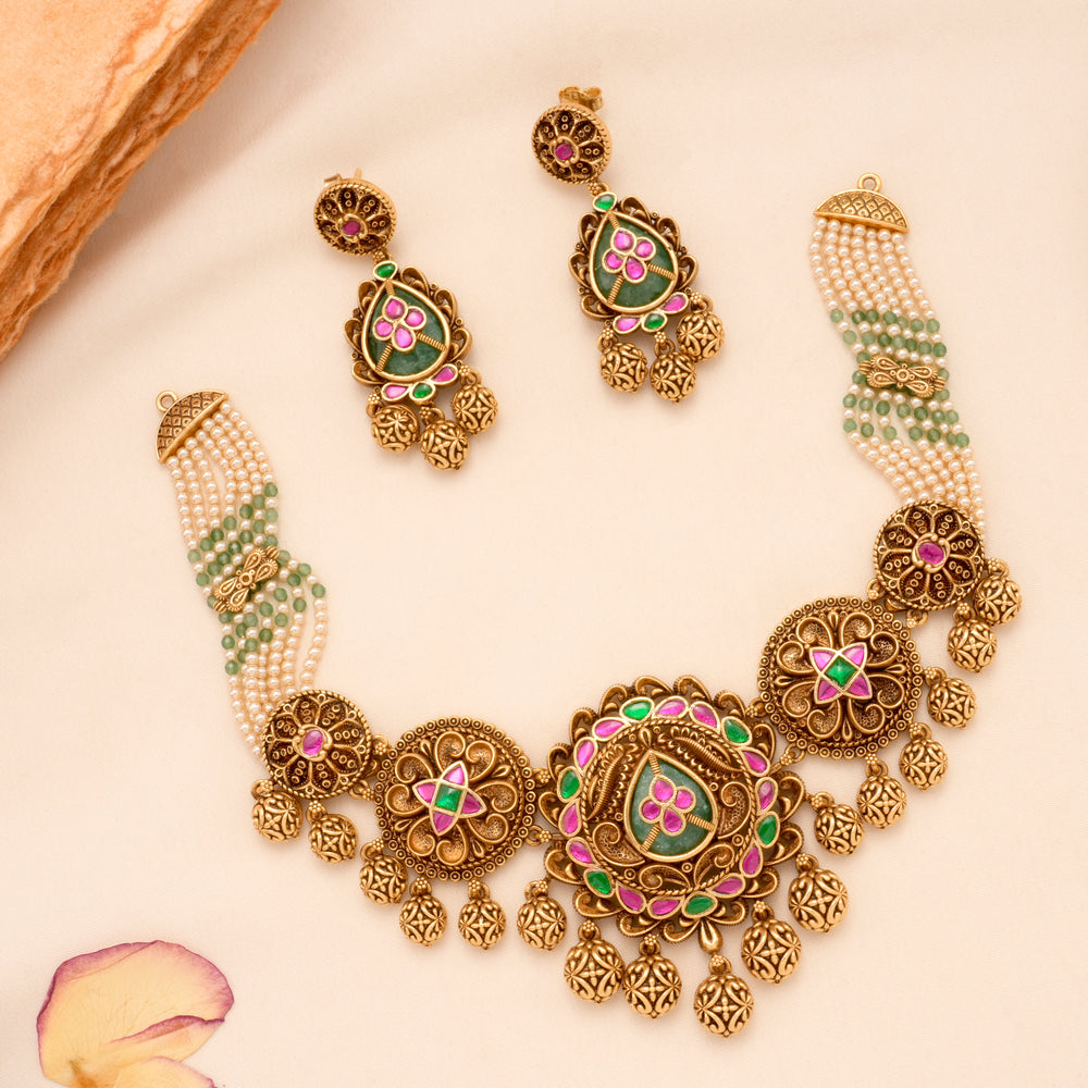 Golden Kemp Stone Pearl Cluster Bridal Necklace Set