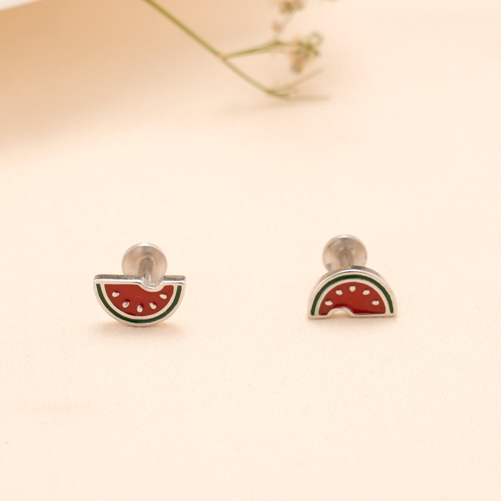 Silver Red Watermelon Slice Stud