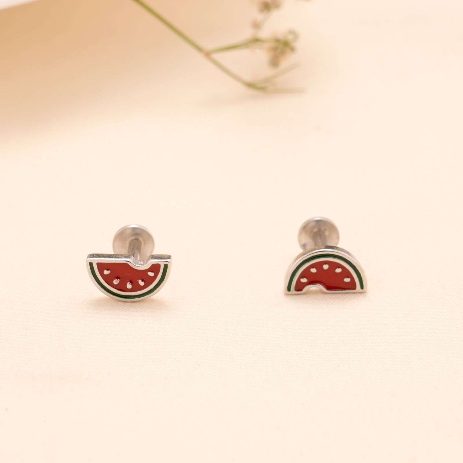 Silver Red Watermelon Slice Stud