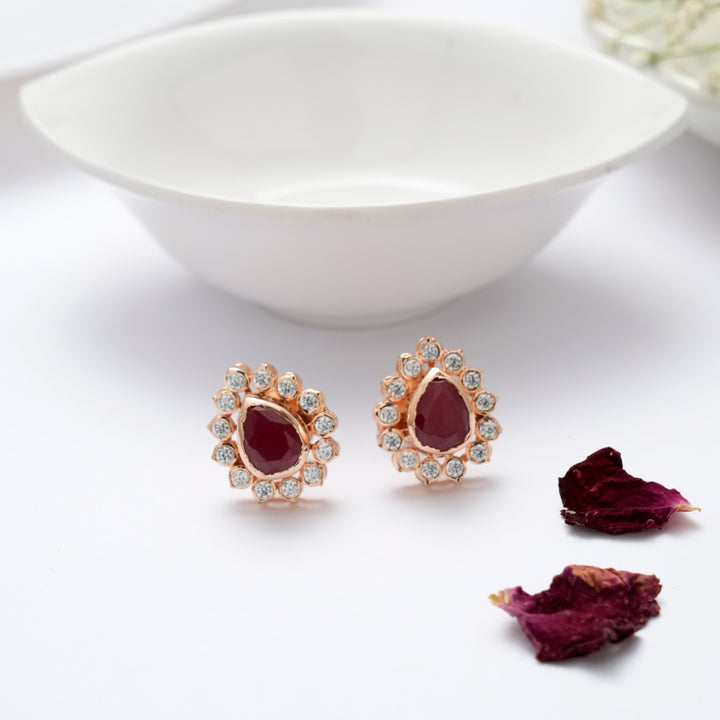 Oval Ruby White Stone Rose Gold Stud