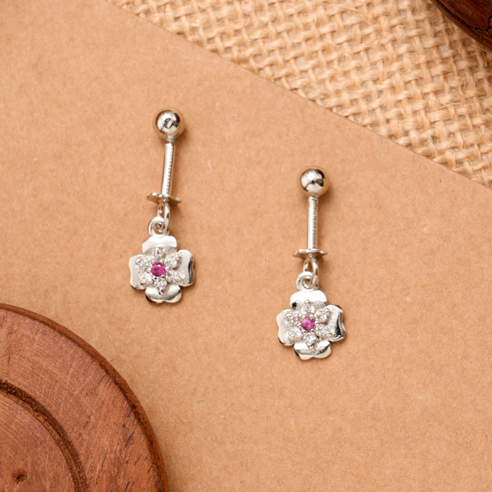 Flower Pattern with Pink Stone Silver Koppu
