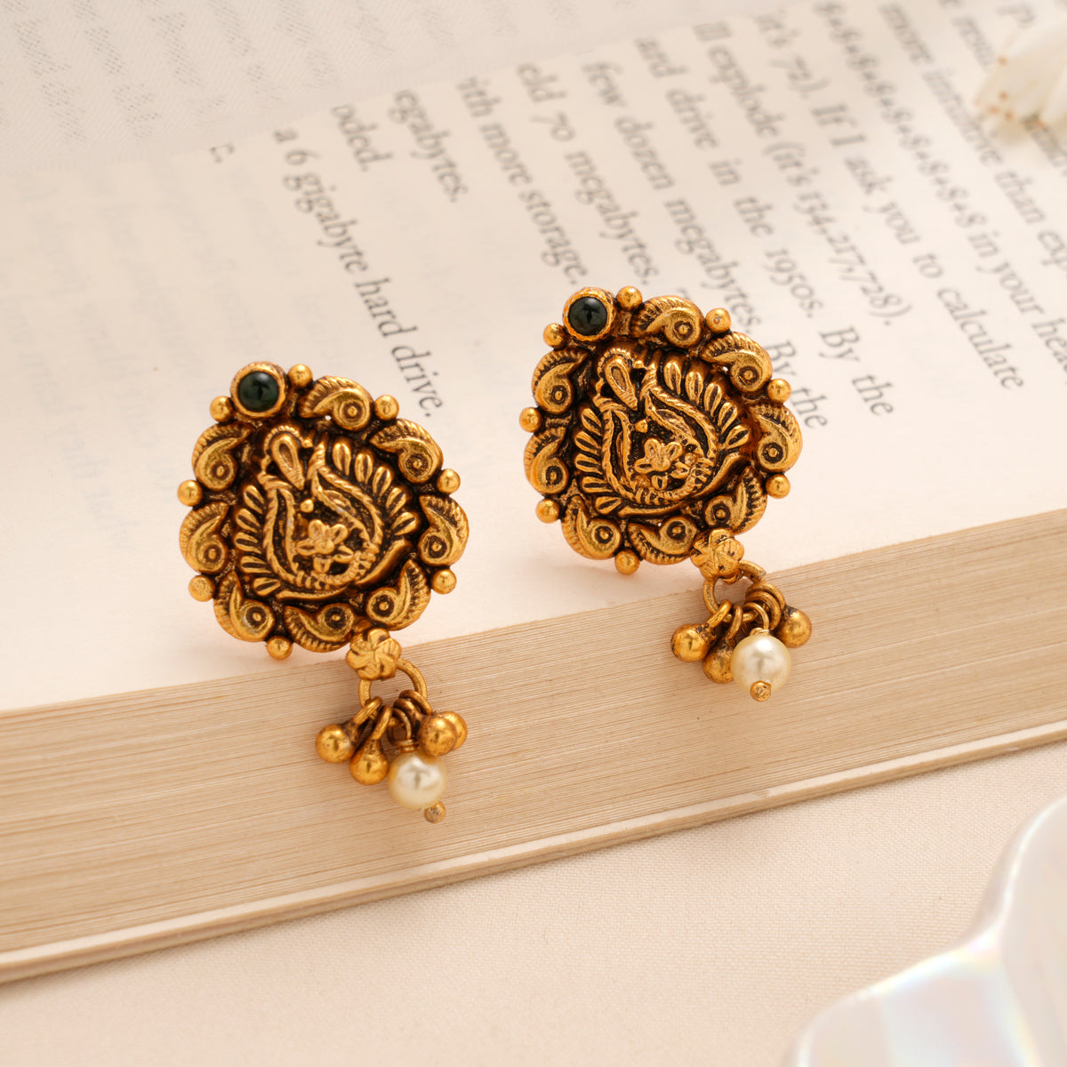 Peacock Pearl Drop Antique Golden Stud