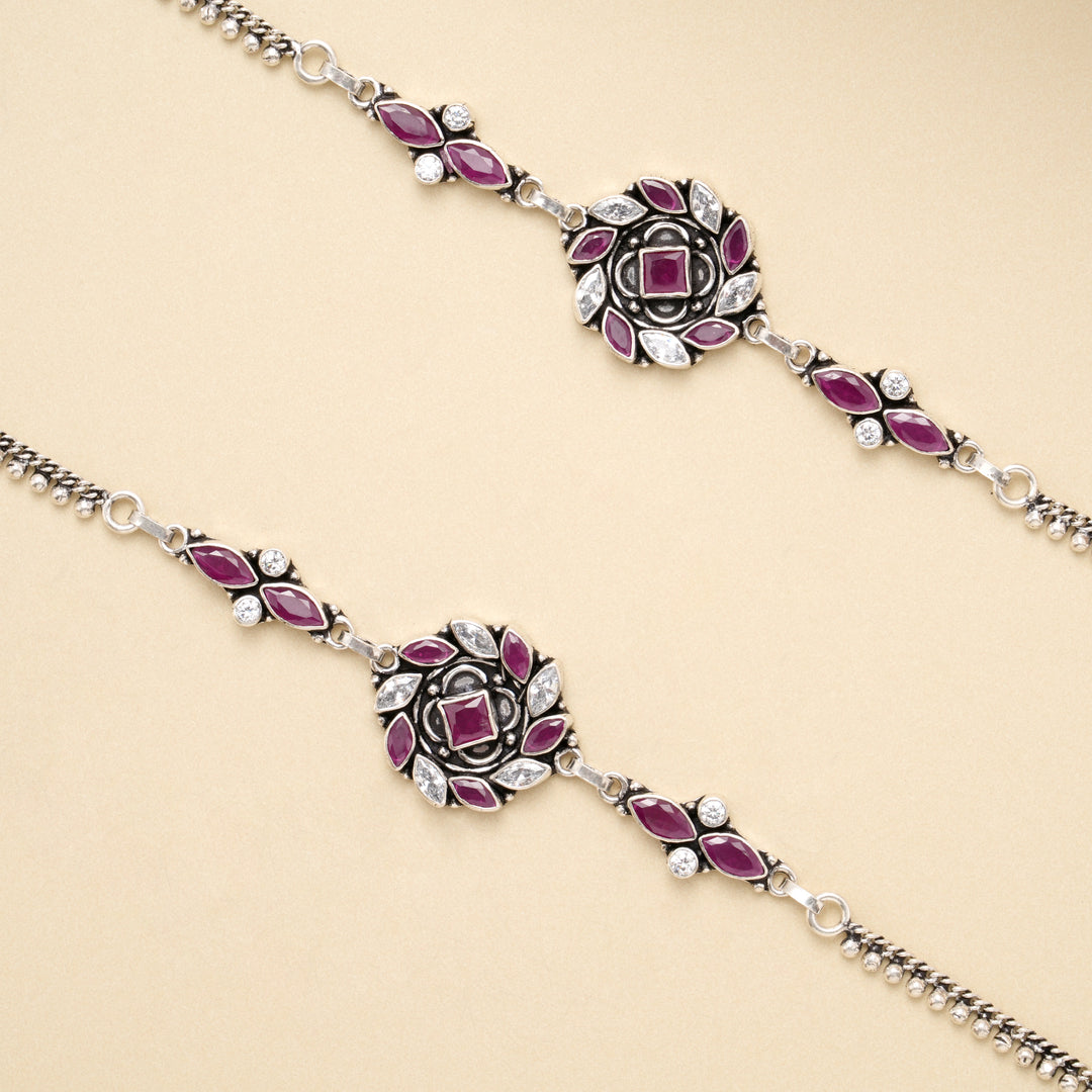 Ruby Blossom Circle Antique Silver Anklet