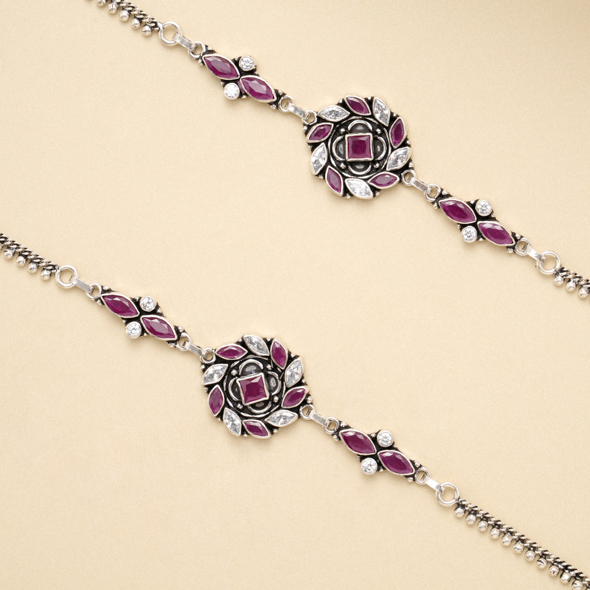 Ruby Blossom Circle Antique Silver Anklet