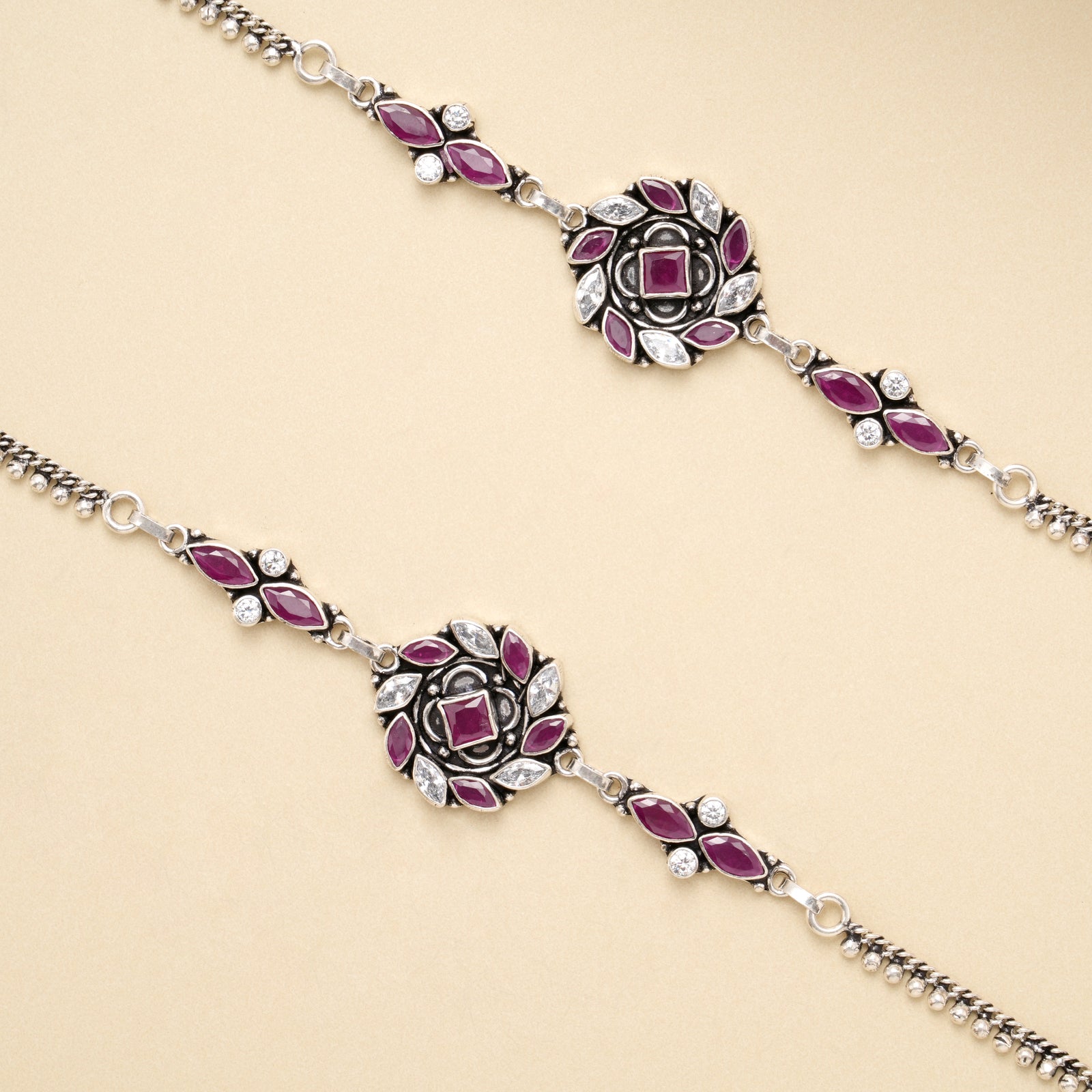 Ruby Blossom Circle Antique Silver Anklet