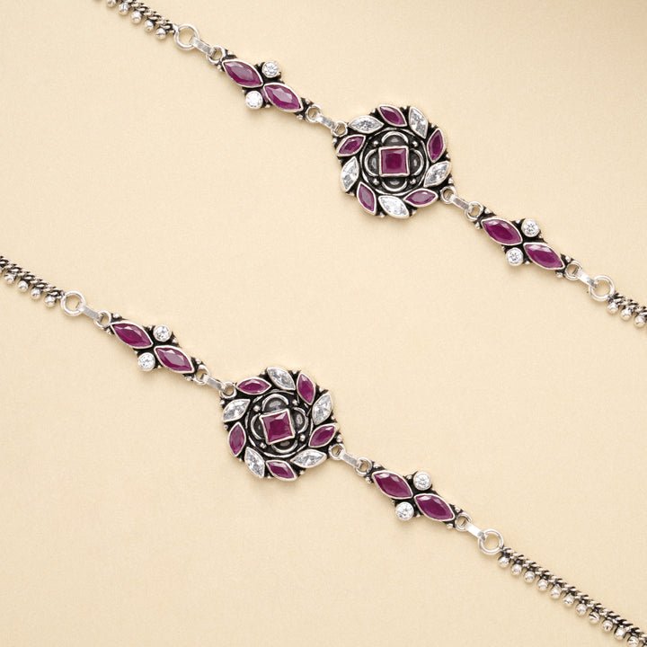 Ruby Blossom Circle Antique Silver Anklet