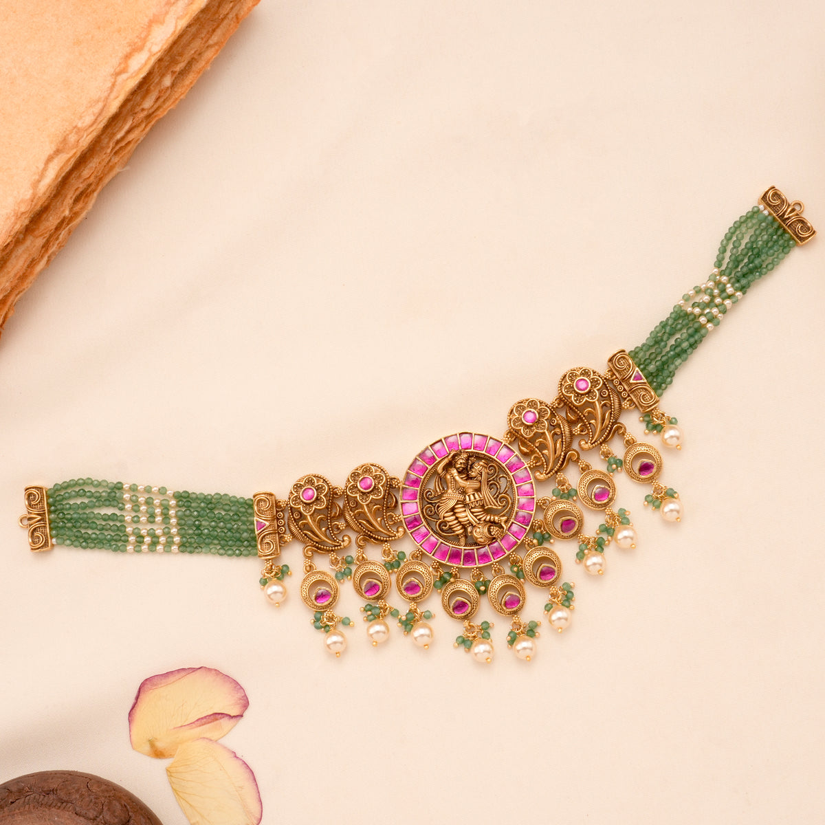 Golden Radha Krishnan with Green Beaded Necklace Set