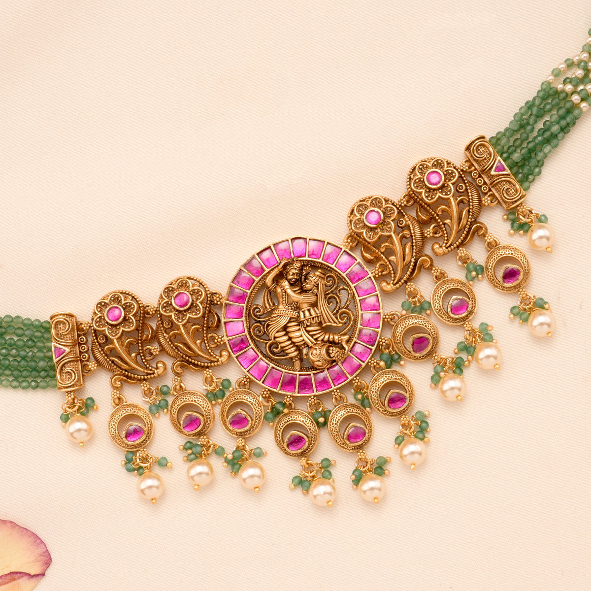 Golden Radha Krishnan with Green Beaded Necklace Set