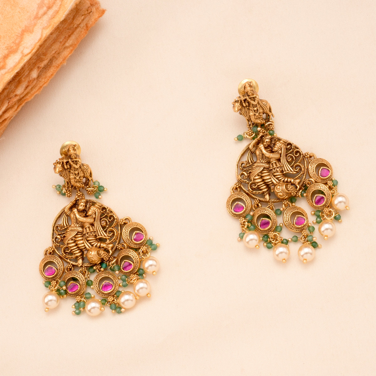 Golden Radha Krishnan with Green Beaded Necklace Set