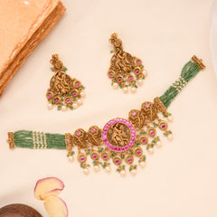 Golden Radha Krishnan with Green Beaded Necklace Set