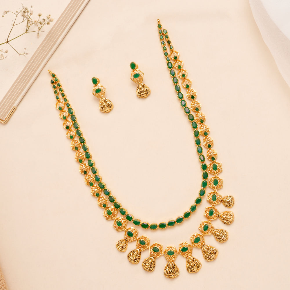 Emerald Layer Lakshmi Drop Necklace Set