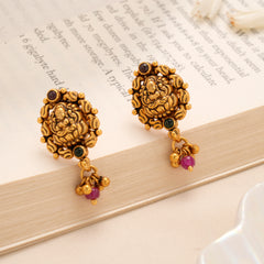Lakshmi Pink Stone Drop Temple Golden Stud