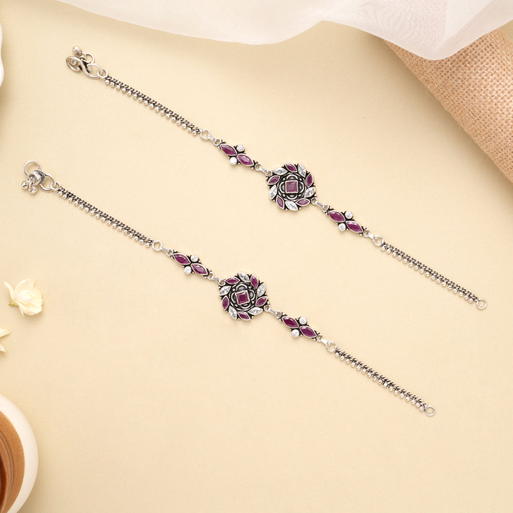 Ruby Blossom Circle Antique Silver Anklet