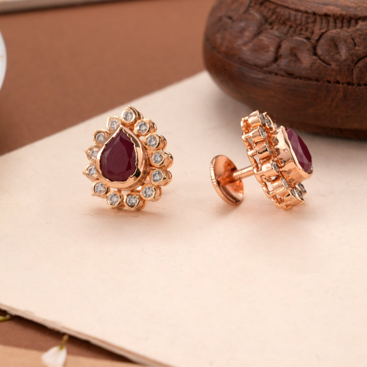 Rose Gold Ruby Leaf Design Earring