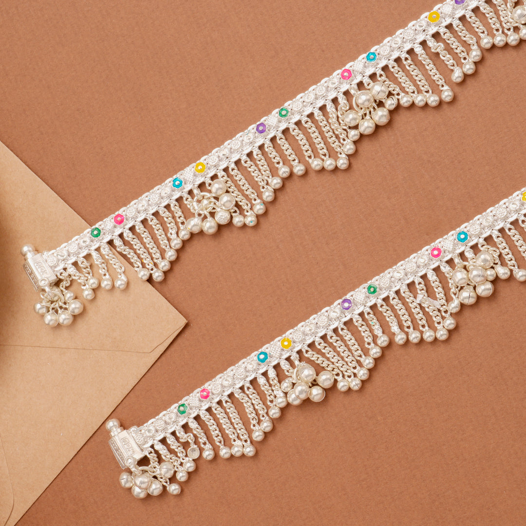 Elegant Enamel Chain Drops Silver Anklet