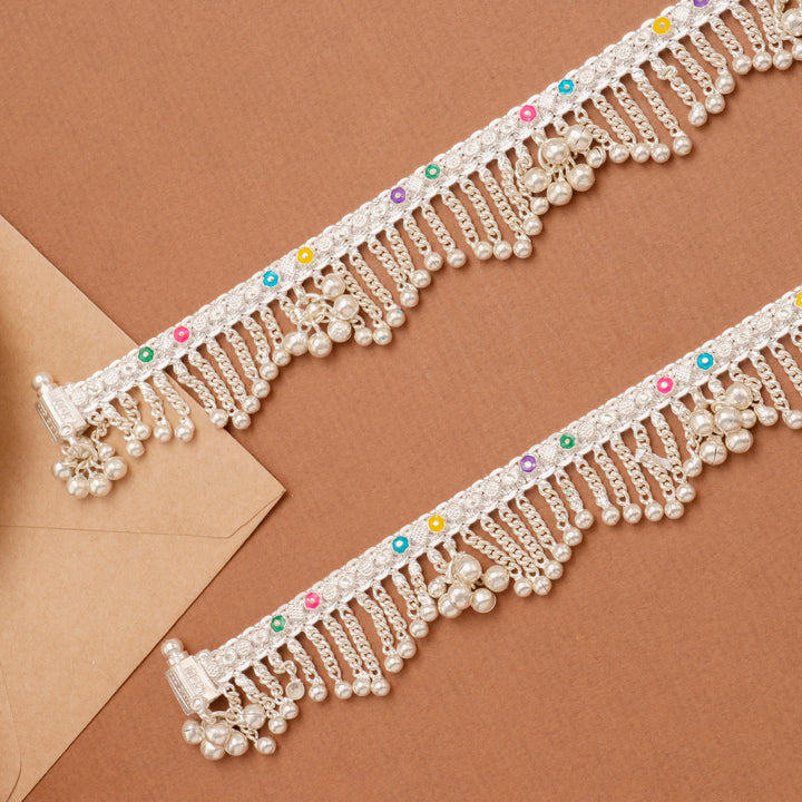 Elegant Enamel Chain Drops Silver Anklet