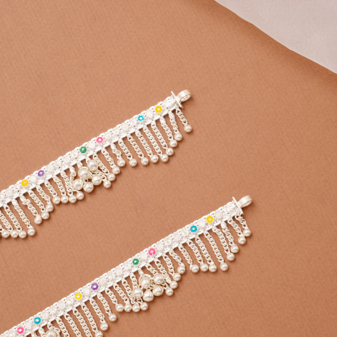 Elegant Enamel Chain Drops Silver Anklet