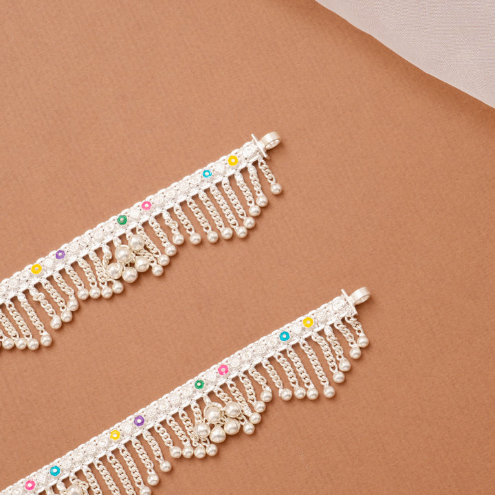 Elegant Enamel Chain Drops Silver Anklet