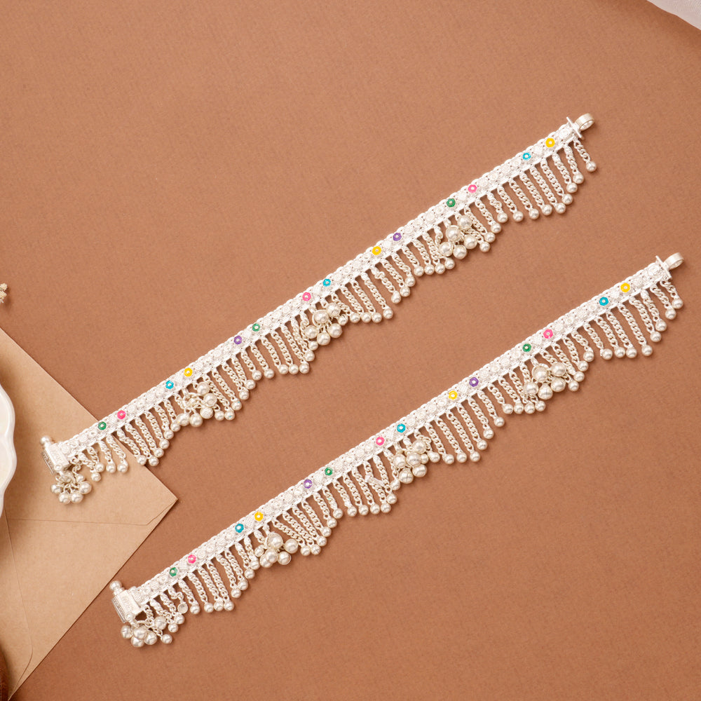 Elegant Enamel Chain Drops Silver Anklet