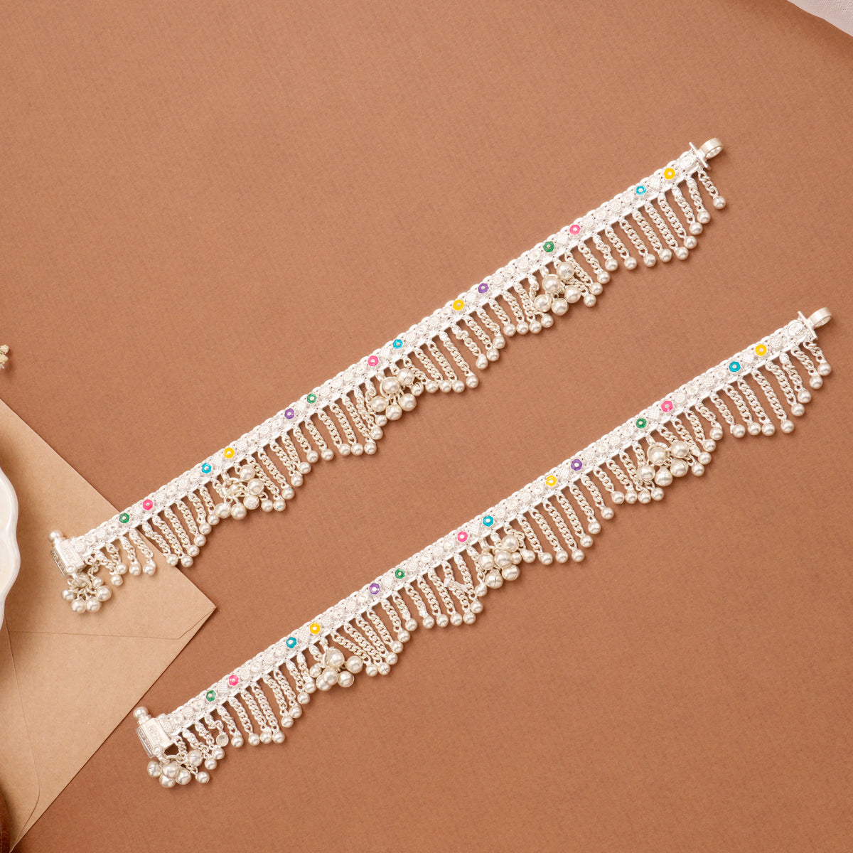 Elegant Enamel Chain Drops Silver Anklet