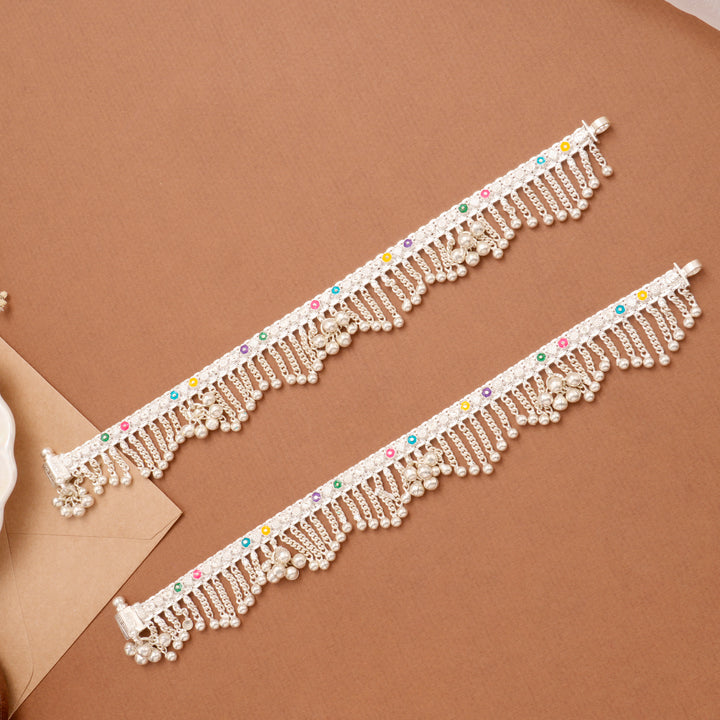 Elegant Enamel Chain Drops Silver Anklet