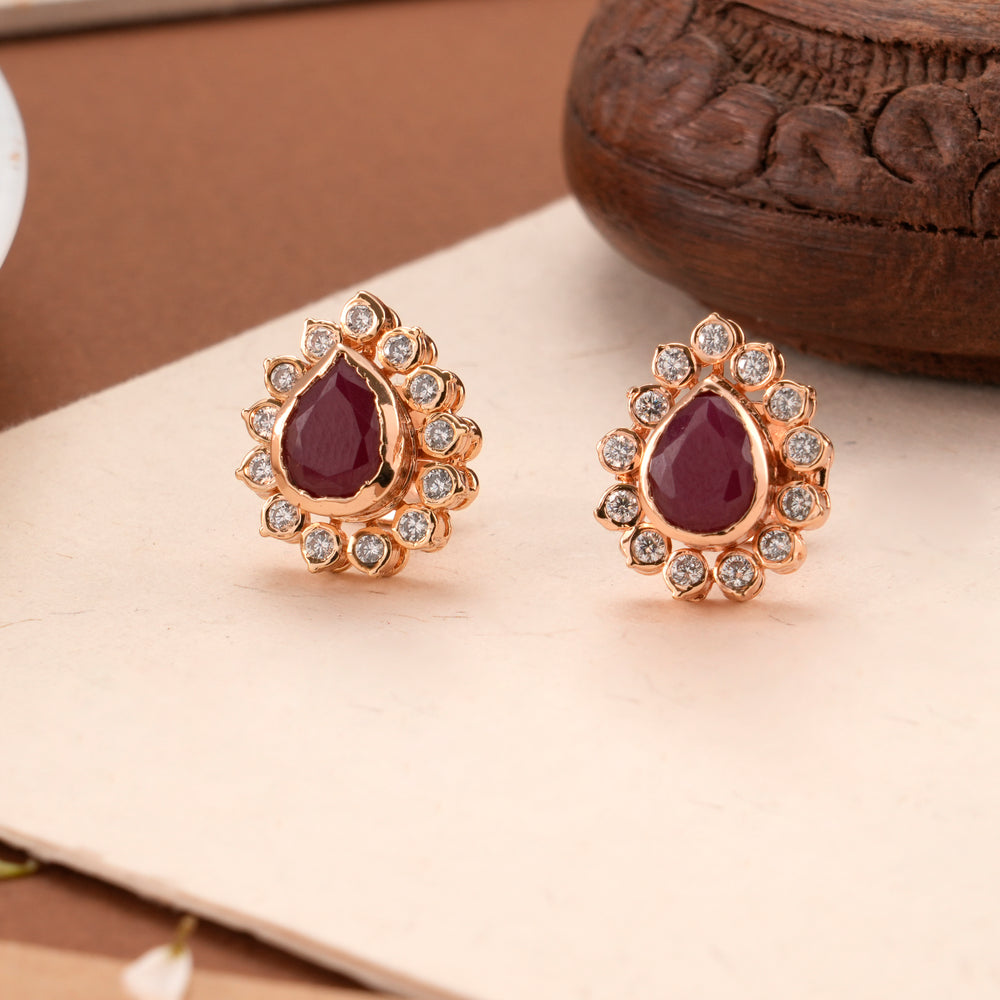 Rose Gold Ruby Leaf Design Earring