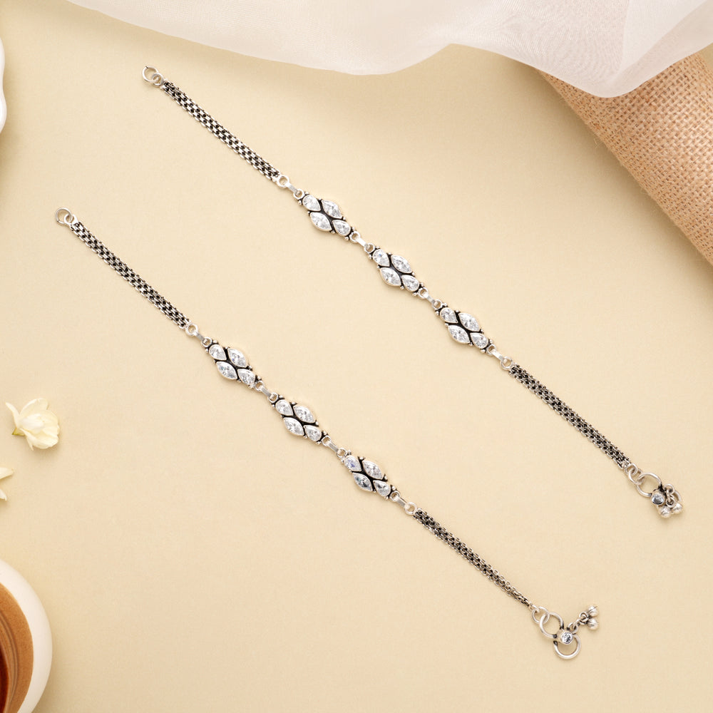 Antique White Stone Leaf Silver Anklet