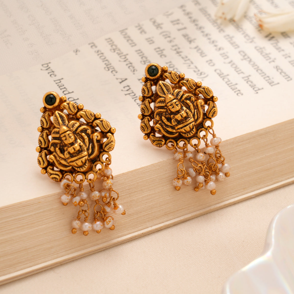 Lakshmi Pearl Hanging Temple Golden Stud