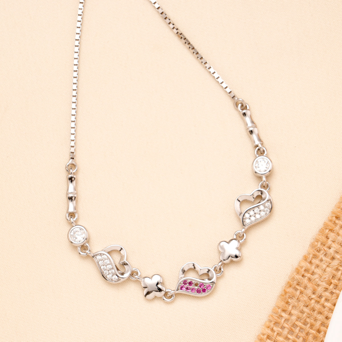Chick Star White and Pink Heart Silver Bracelet