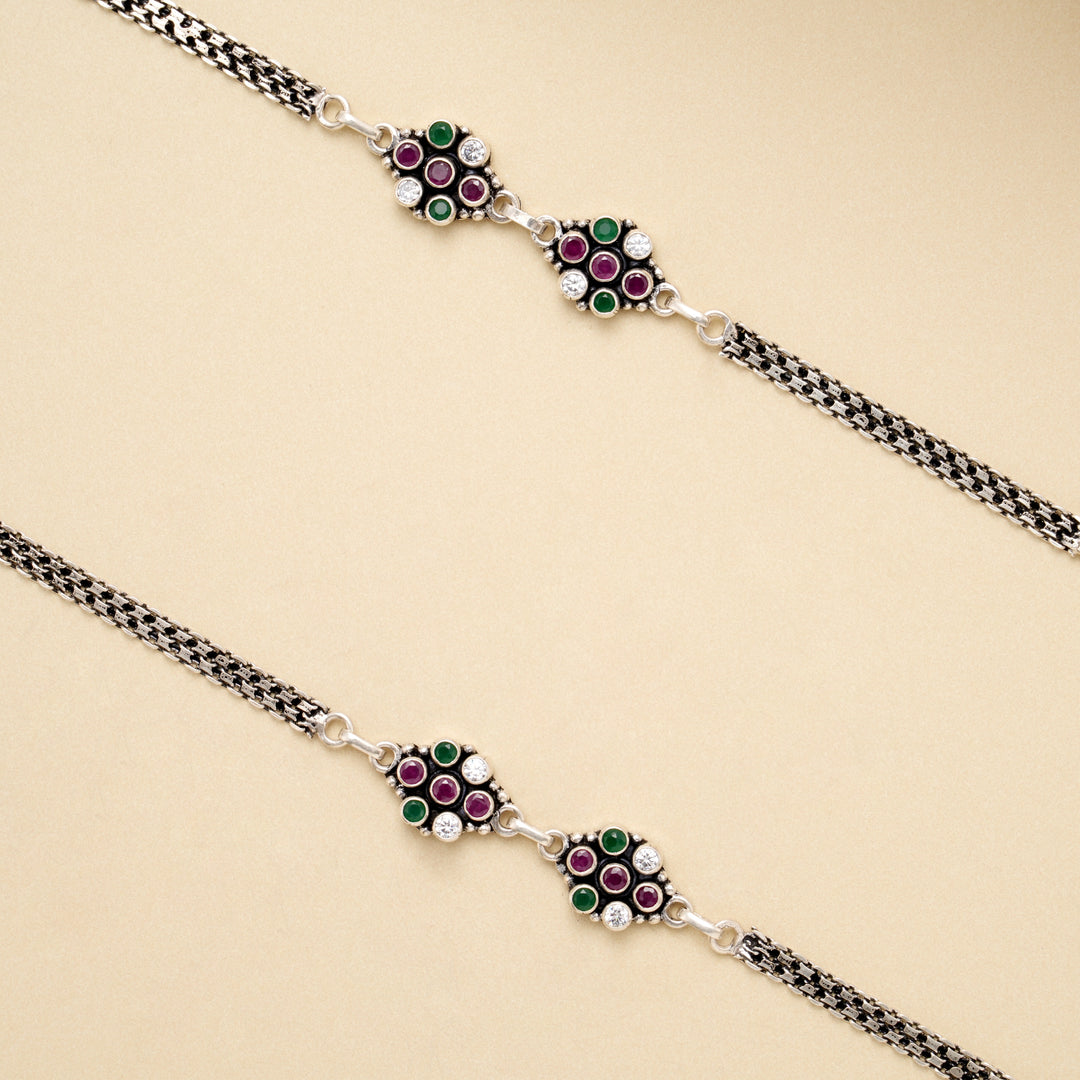 Antique Multicolor Floral Charm Silver Anklet