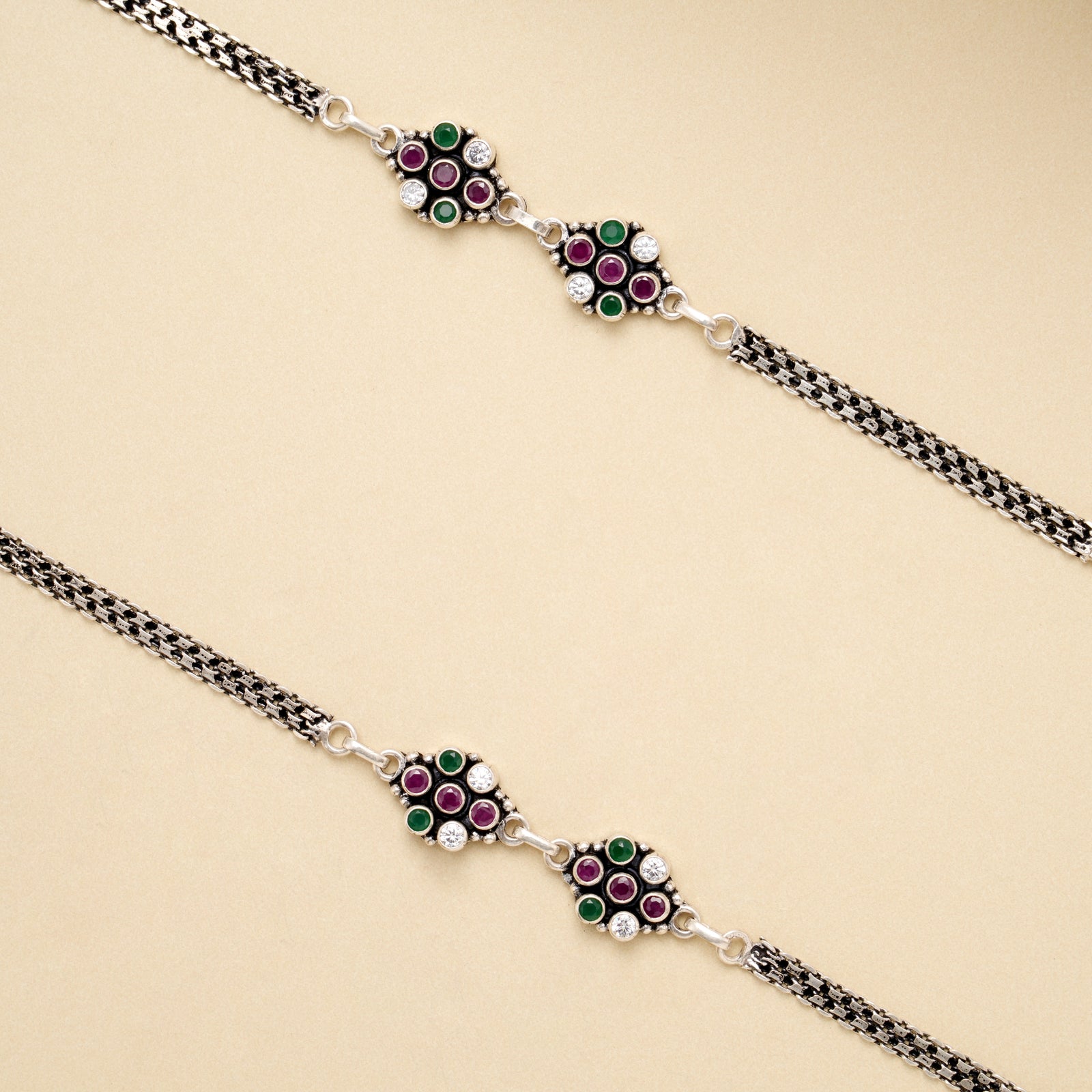 Antique Multicolor Floral Charm Silver Anklet