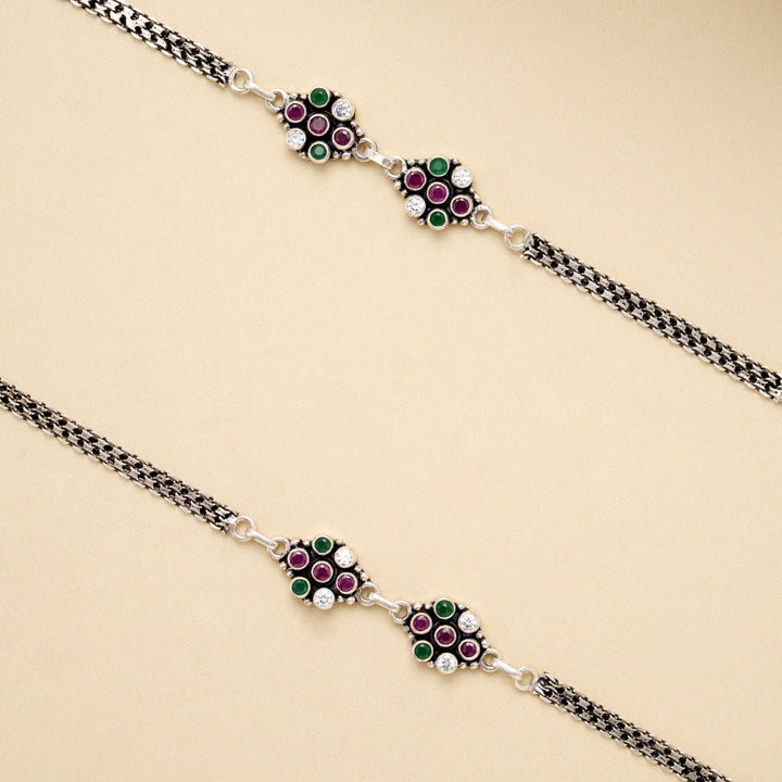 Antique Multicolor Floral Charm Silver Anklet