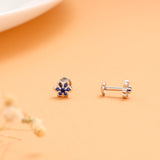 Blue Stone with Leaf Pattern Flower Silver Stud